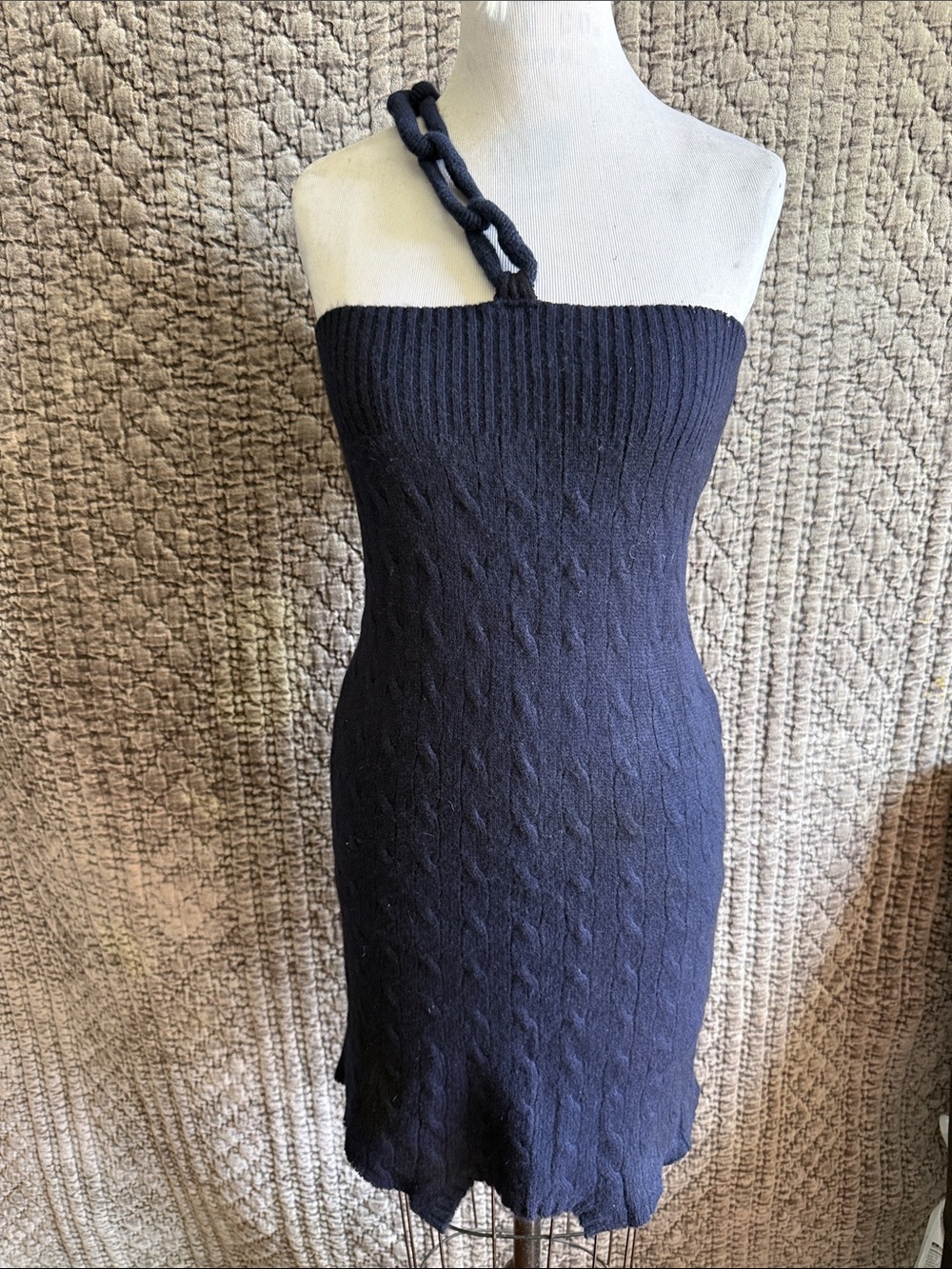 Women’s One-Shoulder Navy Knit Dress 100%Cashmere.Hand made.